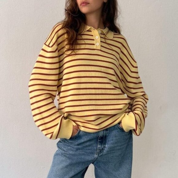 Women's Oversized Striped Knit Polo Sweater Color Block Casual Streetwear - Picture 4 of 5